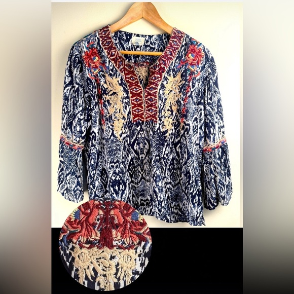 Sigrid Olsen Embroidered Top Blouse M Shirt Long Flared Sleeves Blue Modal Boho - Picture 1 of 11